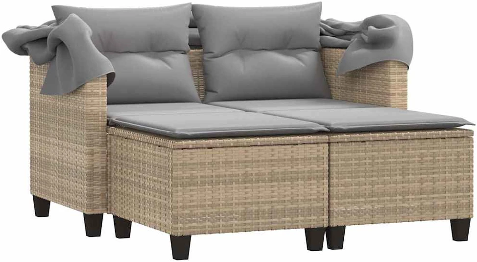 Dvivietė sodo sofa su skliautu/taburetėmis, smėlio, poliratanas