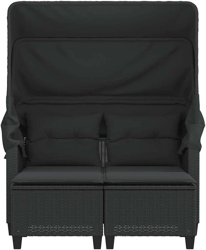 Dvivietė sodo sofa su skliautu/taburetėmis, juoda, poliratanas