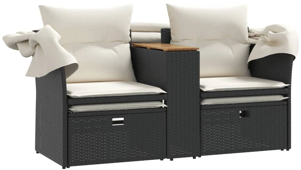 Dvivietė sodo sofa su skliautu/taburetėmis, juoda, poliratanas