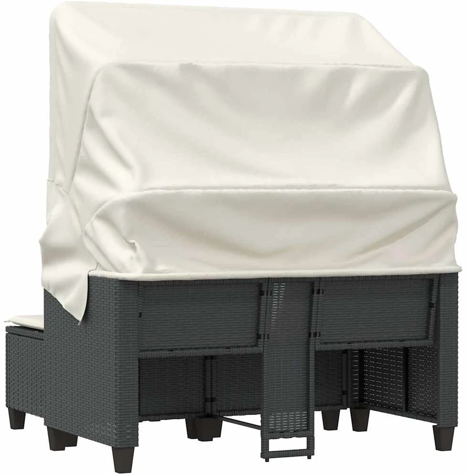 Dvivietė sodo sofa su skliautu/taburetėmis, juoda, poliratanas