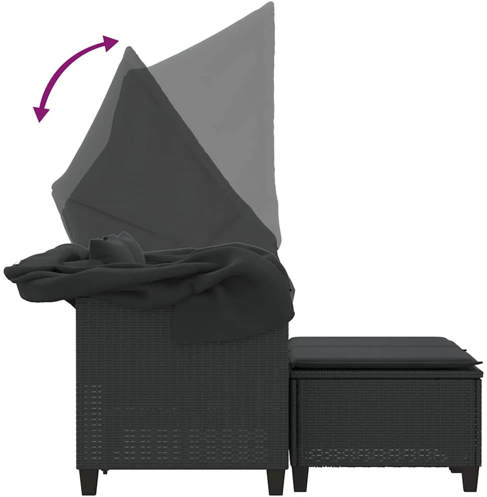 Dvivietė sodo sofa su skliautu/taburetėmis, juoda, poliratanas