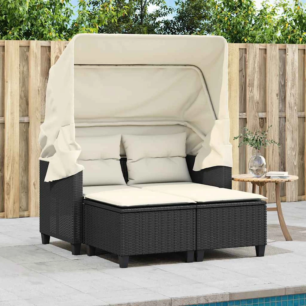 Dvivietė sodo sofa su skliautu/taburetėmis, juoda, poliratanas