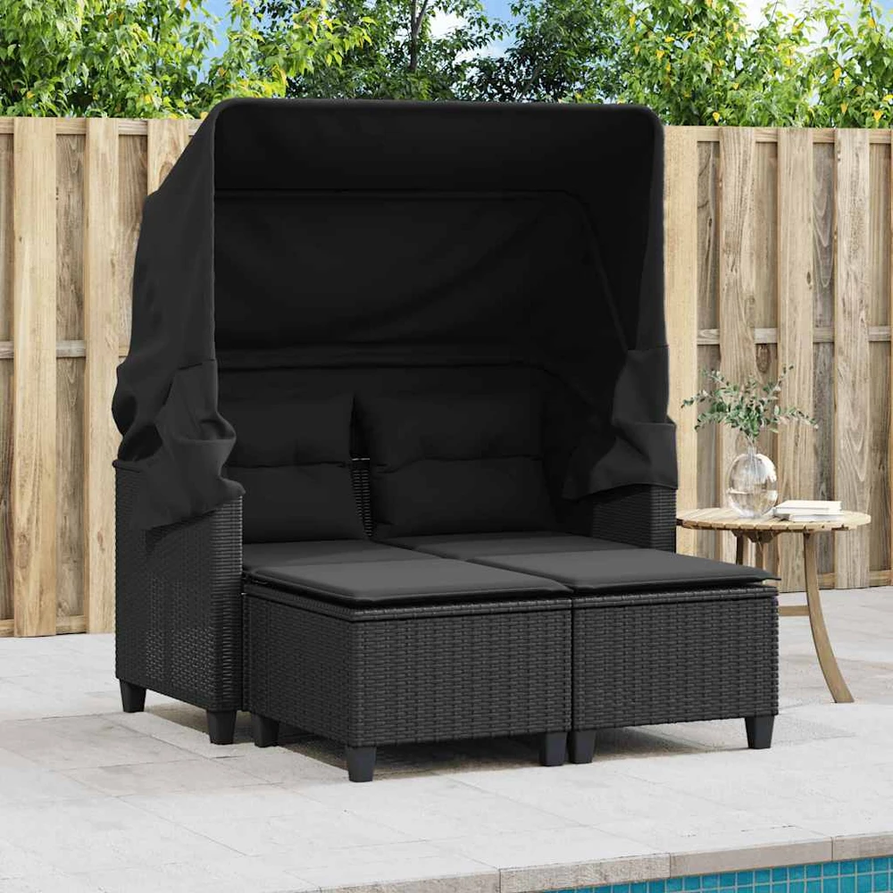 Dvivietė sodo sofa su skliautu/taburetėmis, juoda, poliratanas