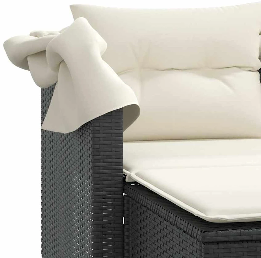 Dvivietė sodo sofa su skliautu/taburetėmis, juoda, poliratanas