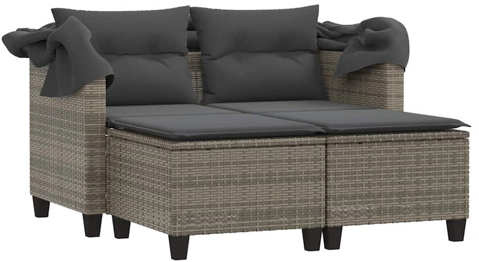 Dvivietė sodo sofa su skliautu/taburetėmis, pilka, poliratanas