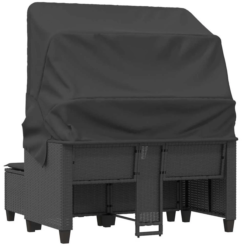 Dvivietė sodo sofa su skliautu/taburetėmis, juoda, poliratanas