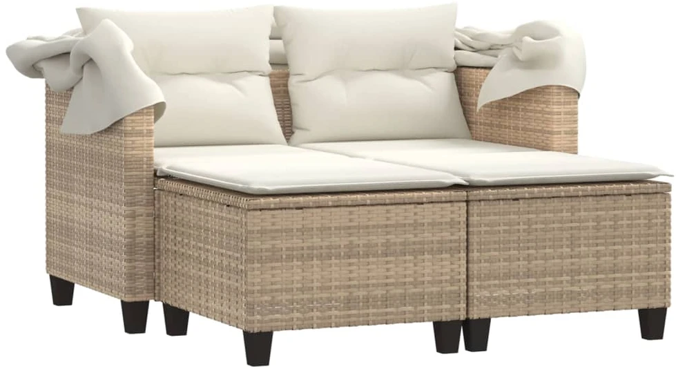Dvivietė sodo sofa su skliautu/taburetėmis, smėlio, poliratanas