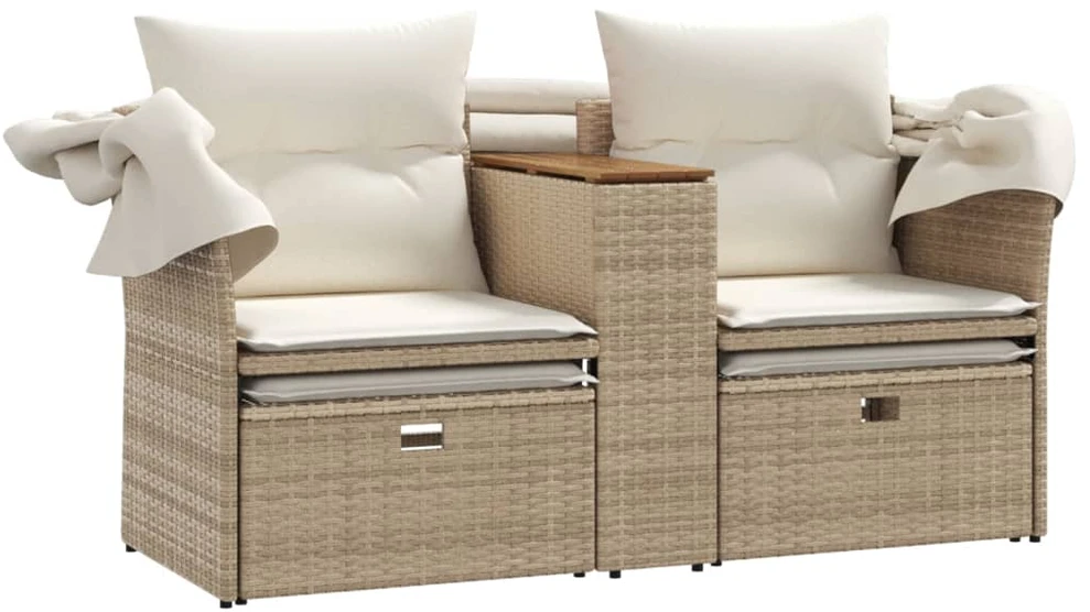 Dvivietė sodo sofa su skliautu/taburetėmis, smėlio, poliratanas
