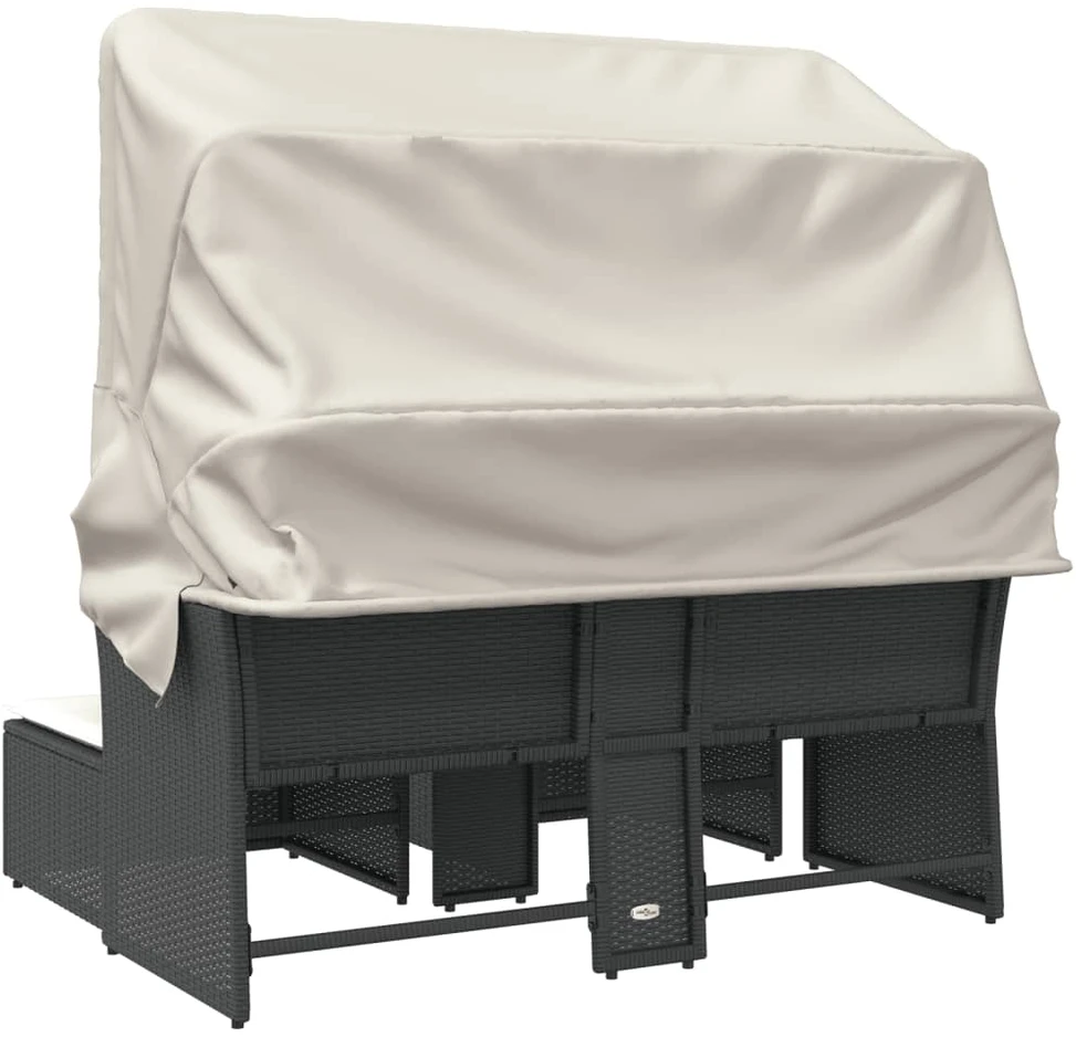 Dvivietė sodo sofa su skliautu/taburetėmis, juoda, poliratanas