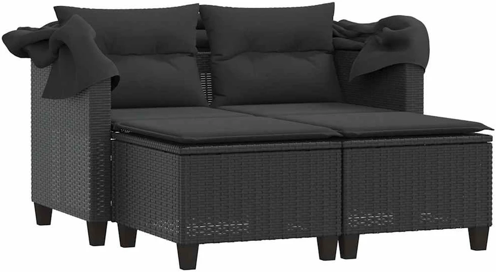 Dvivietė sodo sofa su skliautu/taburetėmis, juoda, poliratanas