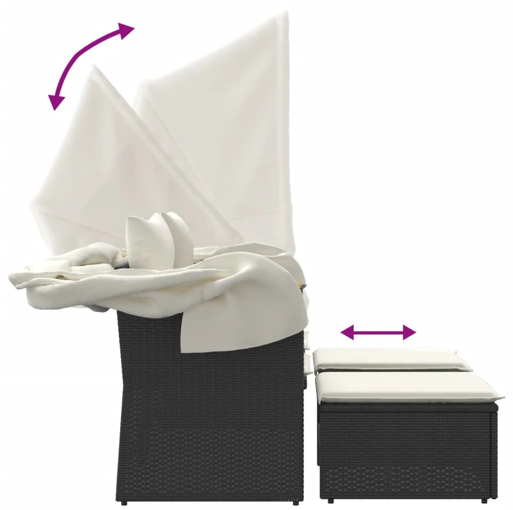Dvivietė sodo sofa su skliautu/taburetėmis, juoda, poliratanas