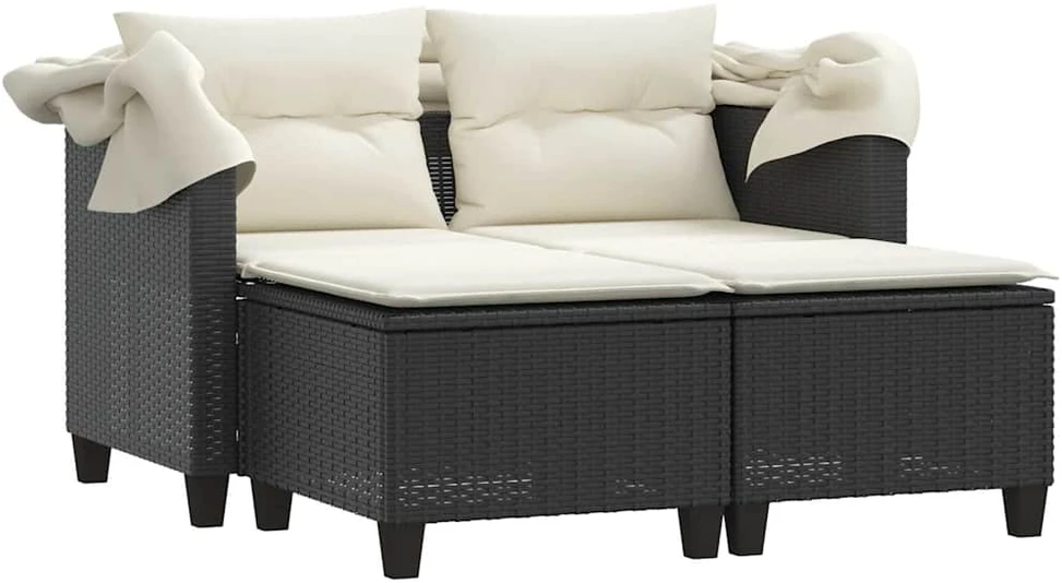 Dvivietė sodo sofa su skliautu/taburetėmis, juoda, poliratanas