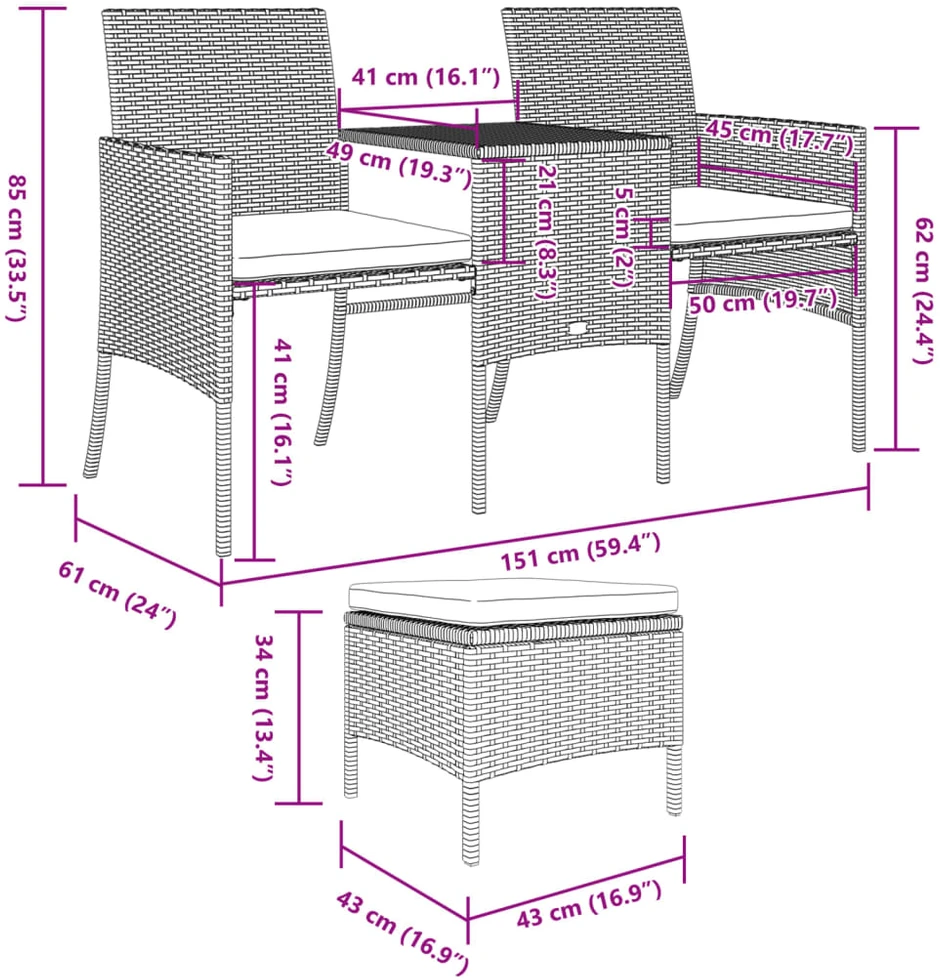 Dvivietė sodo sofa su staliuku/taburetėmis, pilka, poliratanas