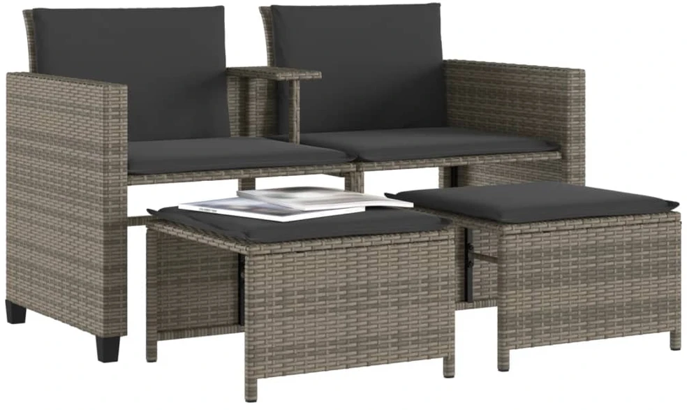 Dvivietė sodo sofa su staliuku/taburetėmis, pilka, poliratanas