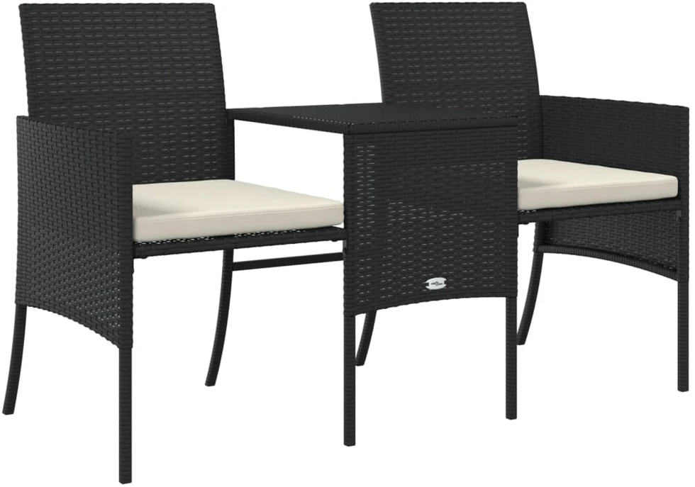 Dvivietė sodo sofa su staliuku/taburetėmis, juoda, poliratanas