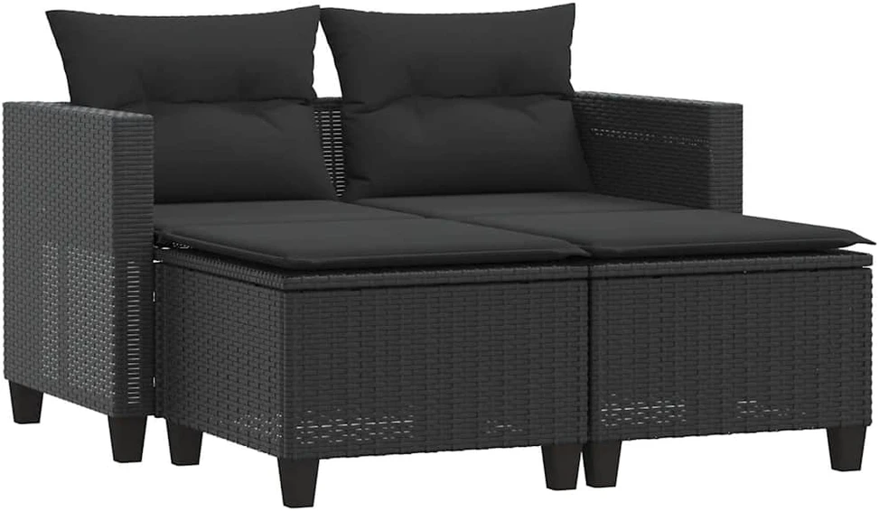 Dvivietė sodo sofa su taburetėmis, juodos spalvos, poliratanas