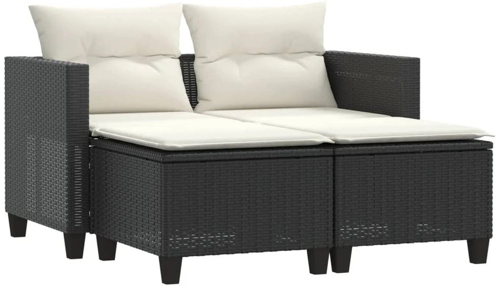Dvivietė sodo sofa su taburetėmis, juodos spalvos, poliratanas