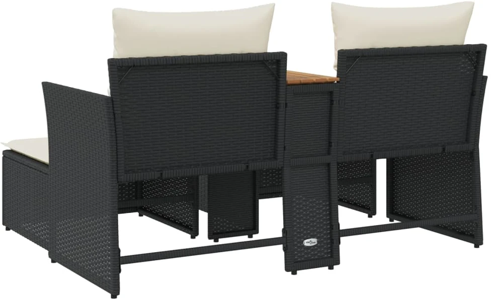 Dvivietė sodo sofa su taburetėmis, juodos spalvos, poliratanas