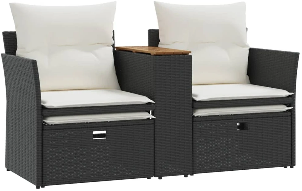 Dvivietė sodo sofa su taburetėmis, juodos spalvos, poliratanas