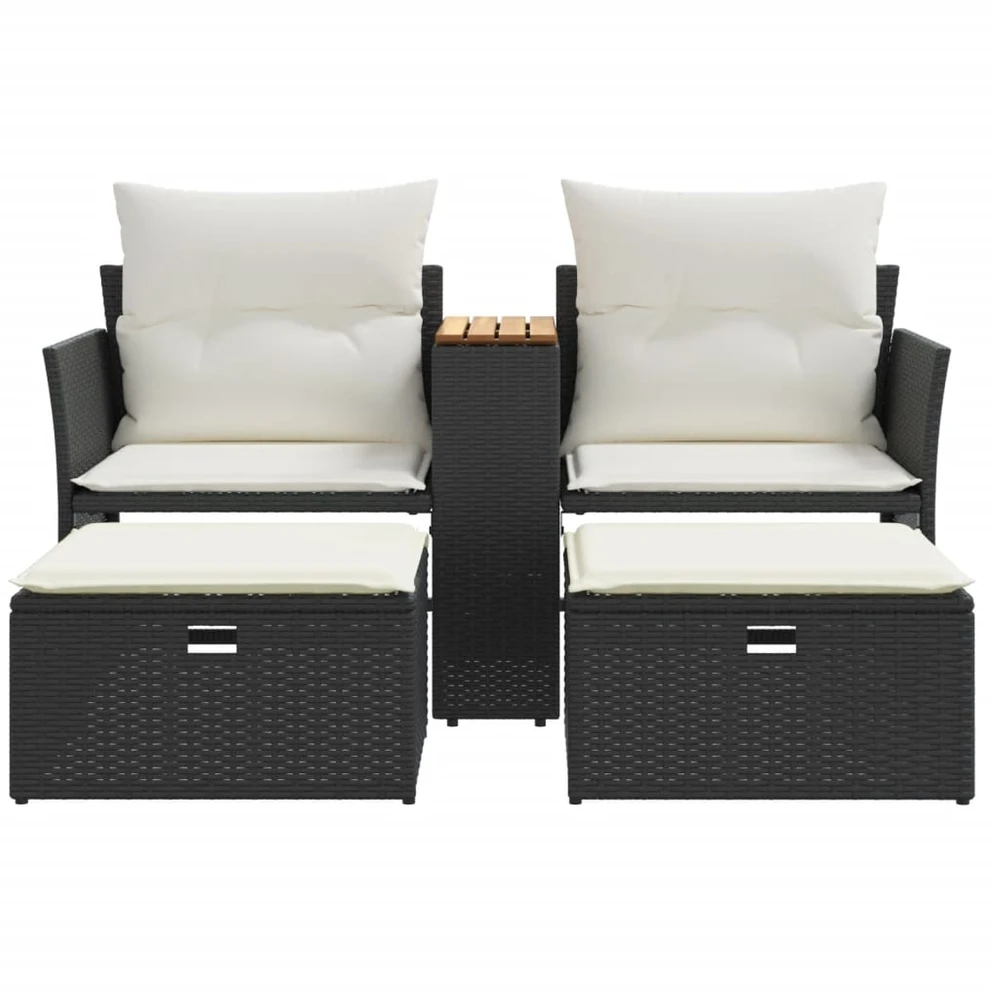 Dvivietė sodo sofa su taburetėmis, juodos spalvos, poliratanas