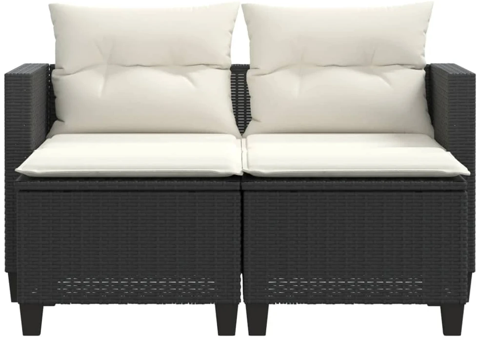 Dvivietė sodo sofa su taburetėmis, juodos spalvos, poliratanas
