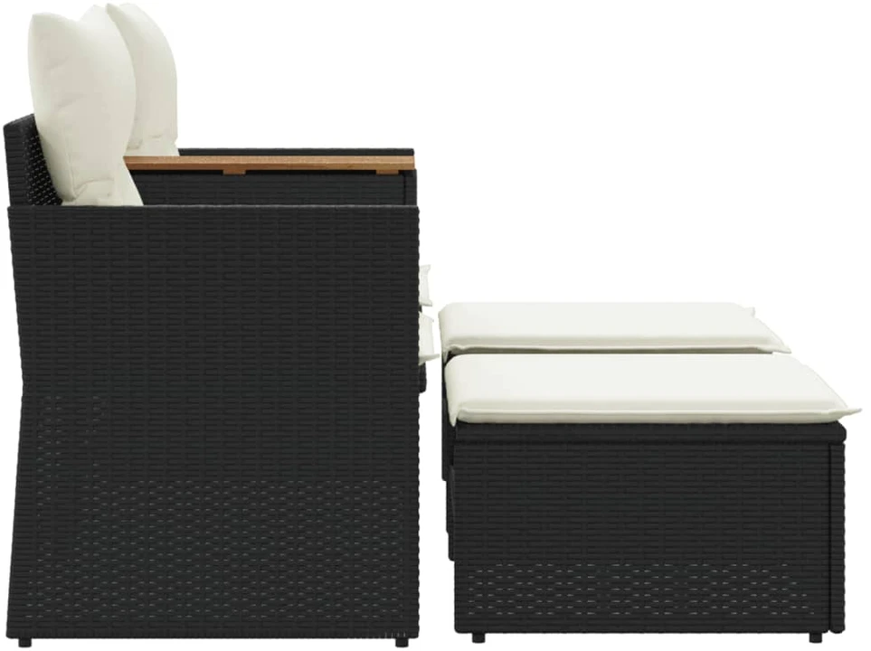 Dvivietė sodo sofa su taburetėmis, juodos spalvos, poliratanas