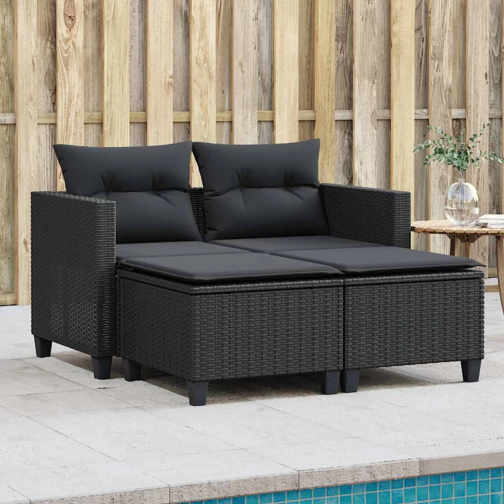 Dvivietė sodo sofa su taburetėmis, juodos spalvos, poliratanas