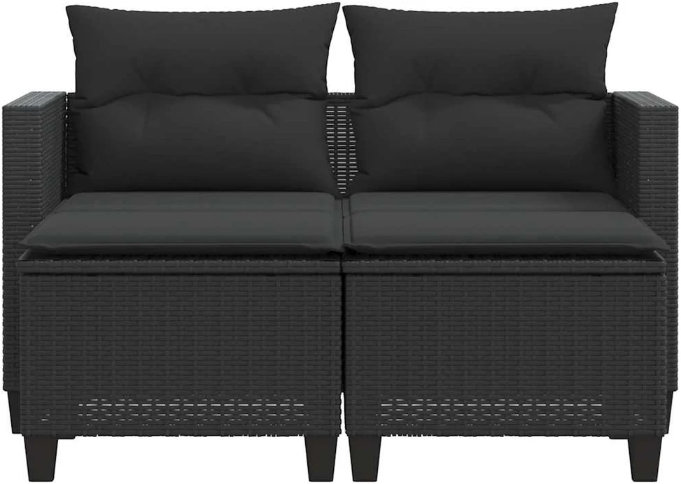 Dvivietė sodo sofa su taburetėmis, juodos spalvos, poliratanas
