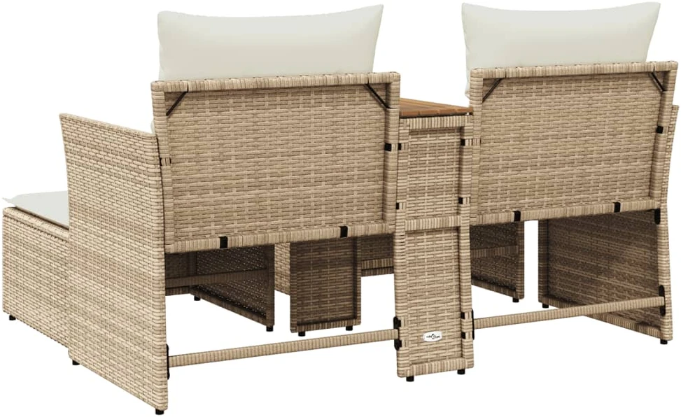 Dvivietė sodo sofa su taburetėmis, smėlio spalvos, poliratanas