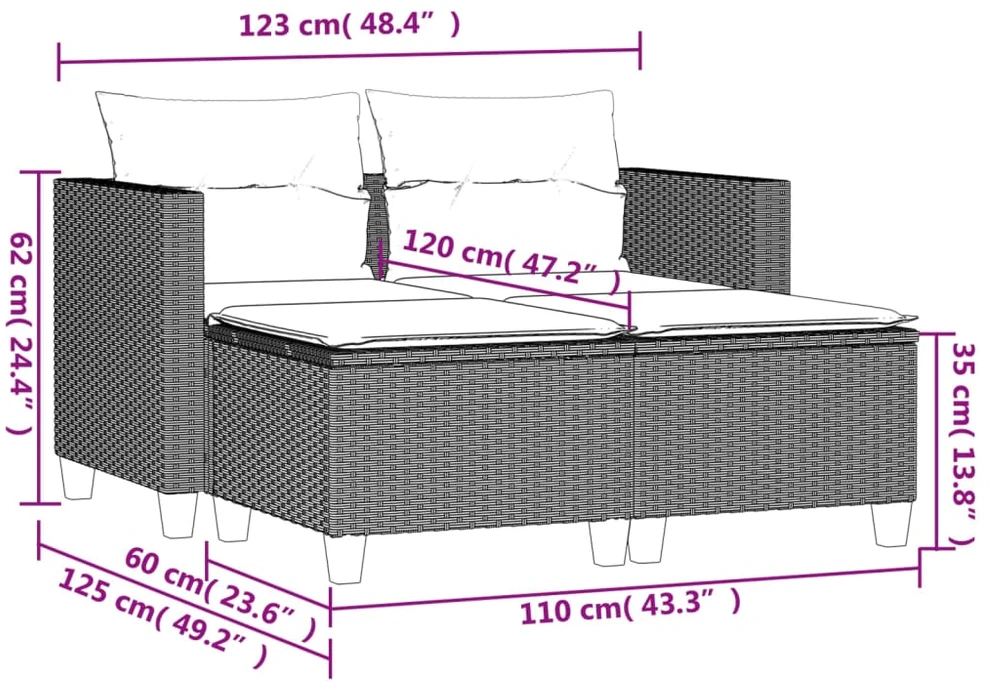 Dvivietė sodo sofa su taburetėmis, smėlio spalvos, poliratanas