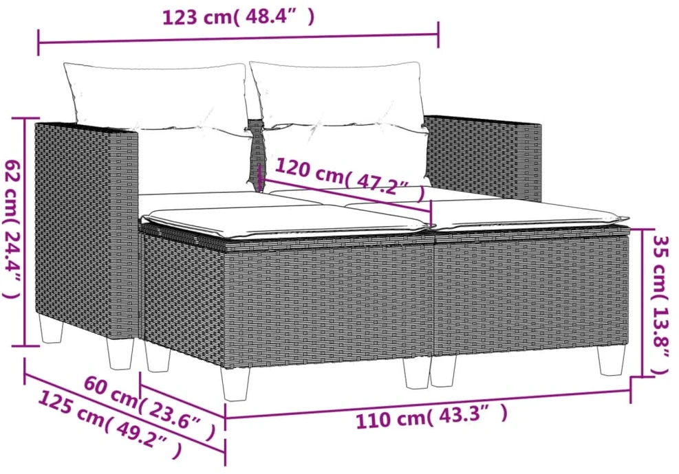 Dvivietė sodo sofa su taburetėmis, šviesiai pilka, poliratanas
