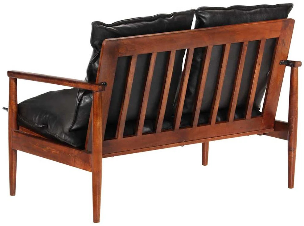 Dvivietė sofa, juodos spalvos, tikra oda ir akacijos masyvas