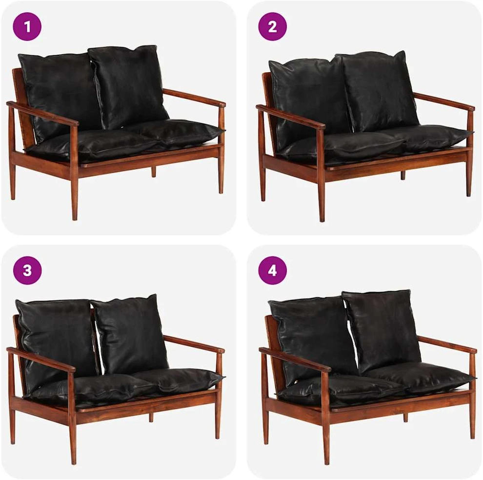 Dvivietė sofa, juodos spalvos, tikra oda ir akacijos masyvas