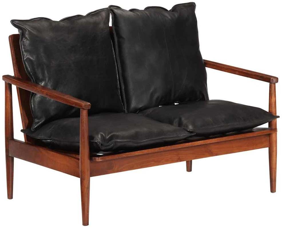 Dvivietė sofa, juodos spalvos, tikra oda ir akacijos masyvas