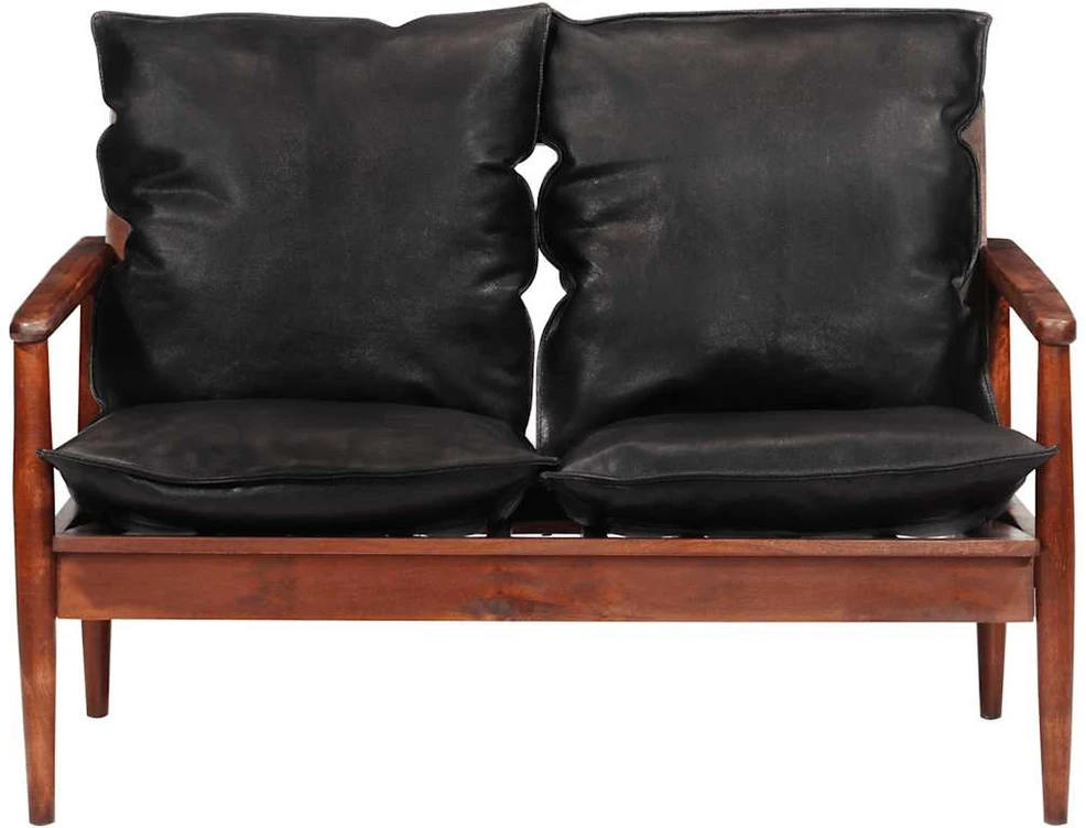 Dvivietė sofa, juodos spalvos, tikra oda ir akacijos masyvas