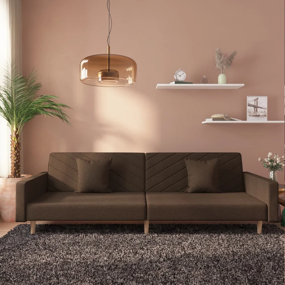 Dvivietė sofa-lova dvejomis pagalvėmis, rudos spalvos, audinys