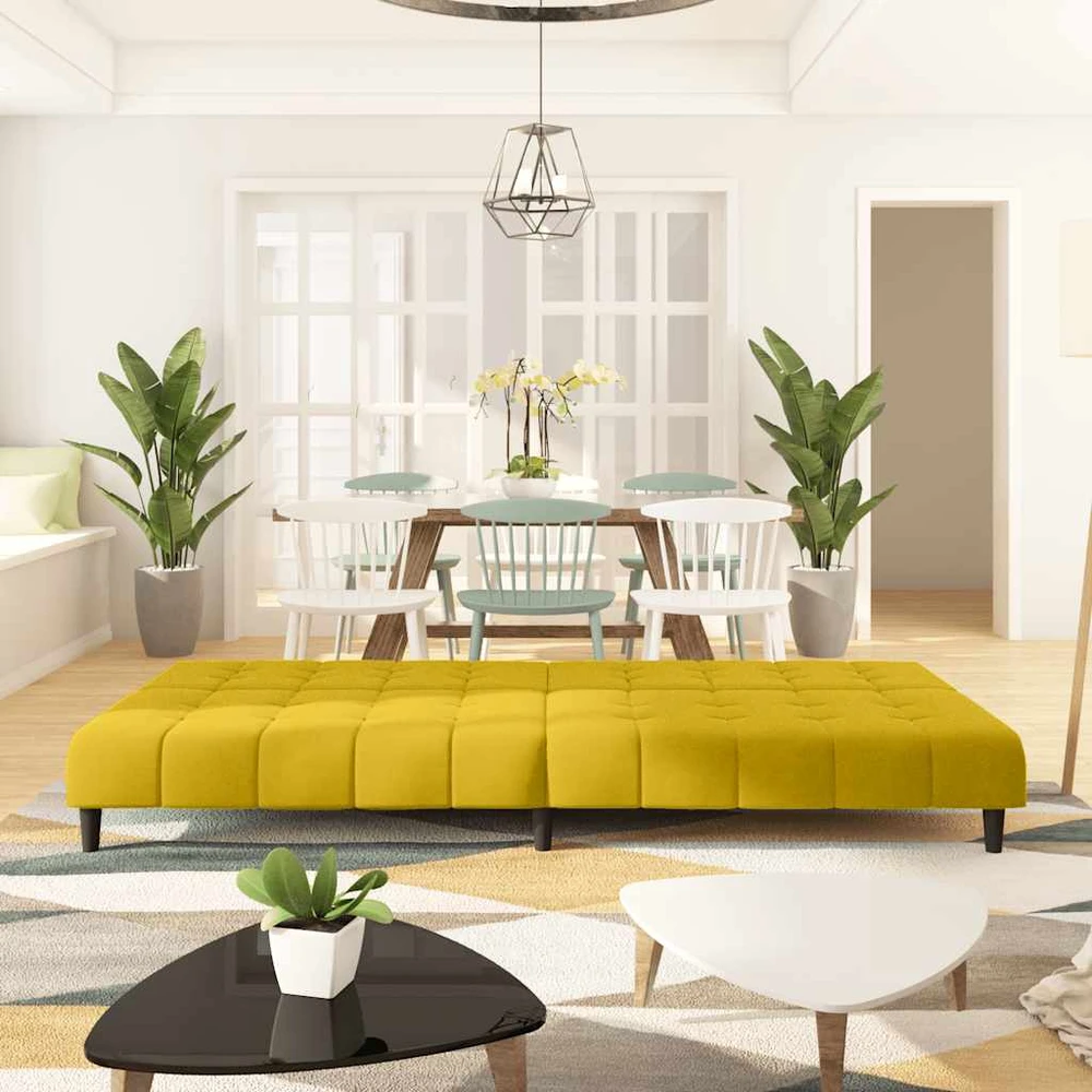 Dvivietė sofa-lova, geltonos spalvos, aksomas