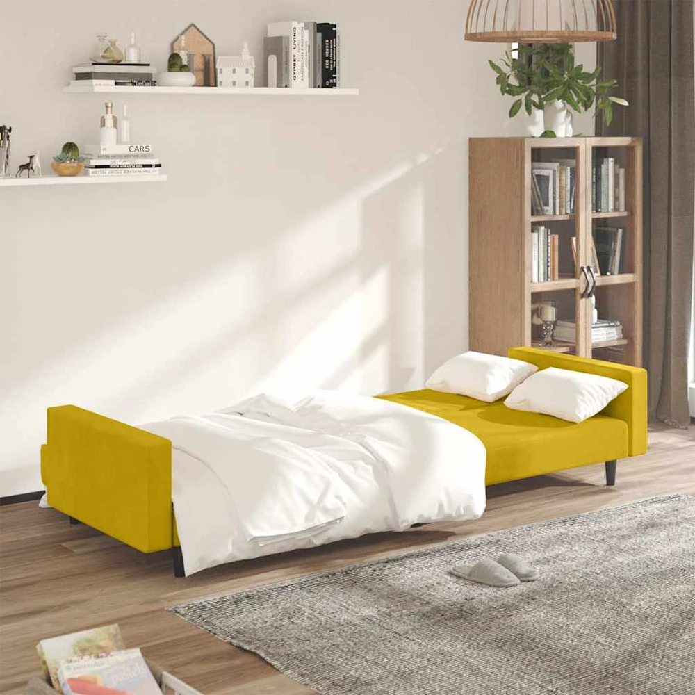 Dvivietė sofa-lova, geltonos spalvos, aksomas