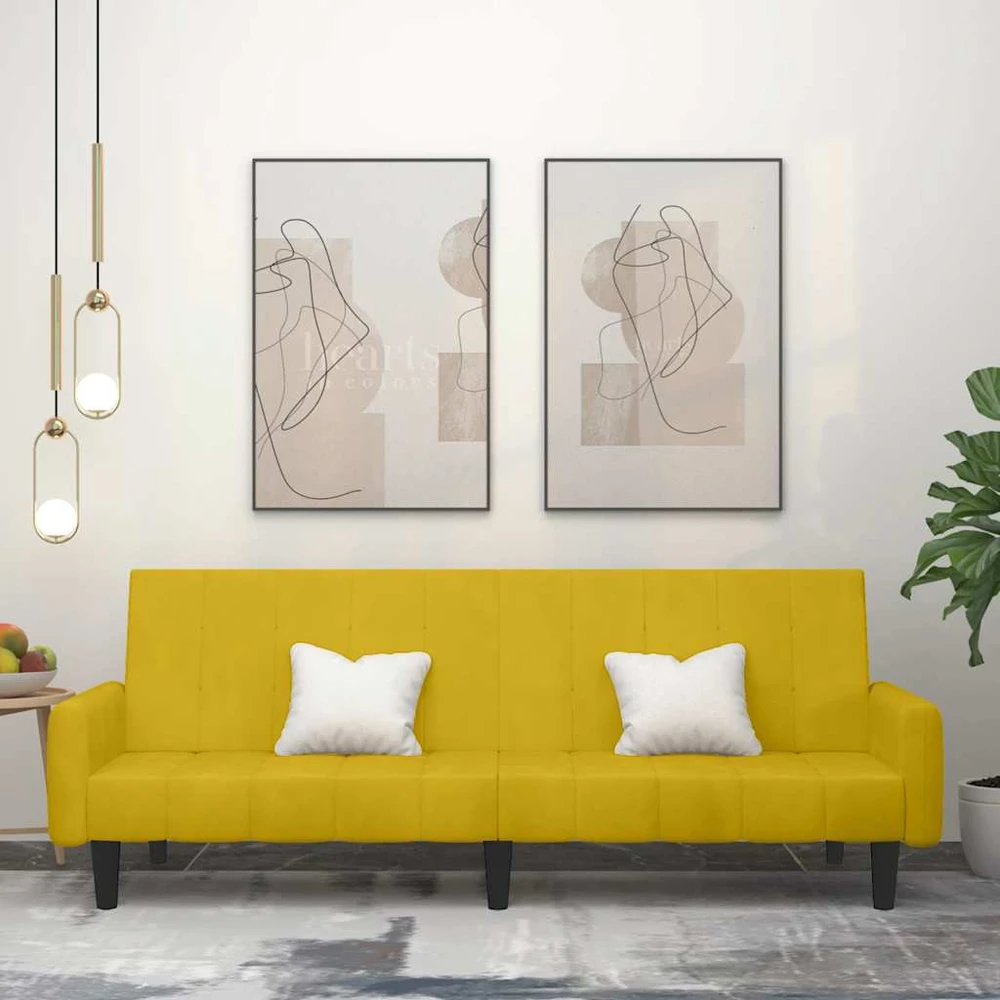Dvivietė sofa-lova, geltonos spalvos, aksomas