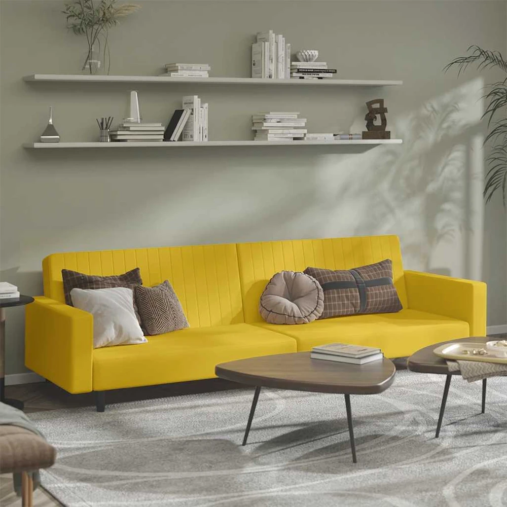 Dvivietė sofa-lova, geltonos spalvos, aksomas