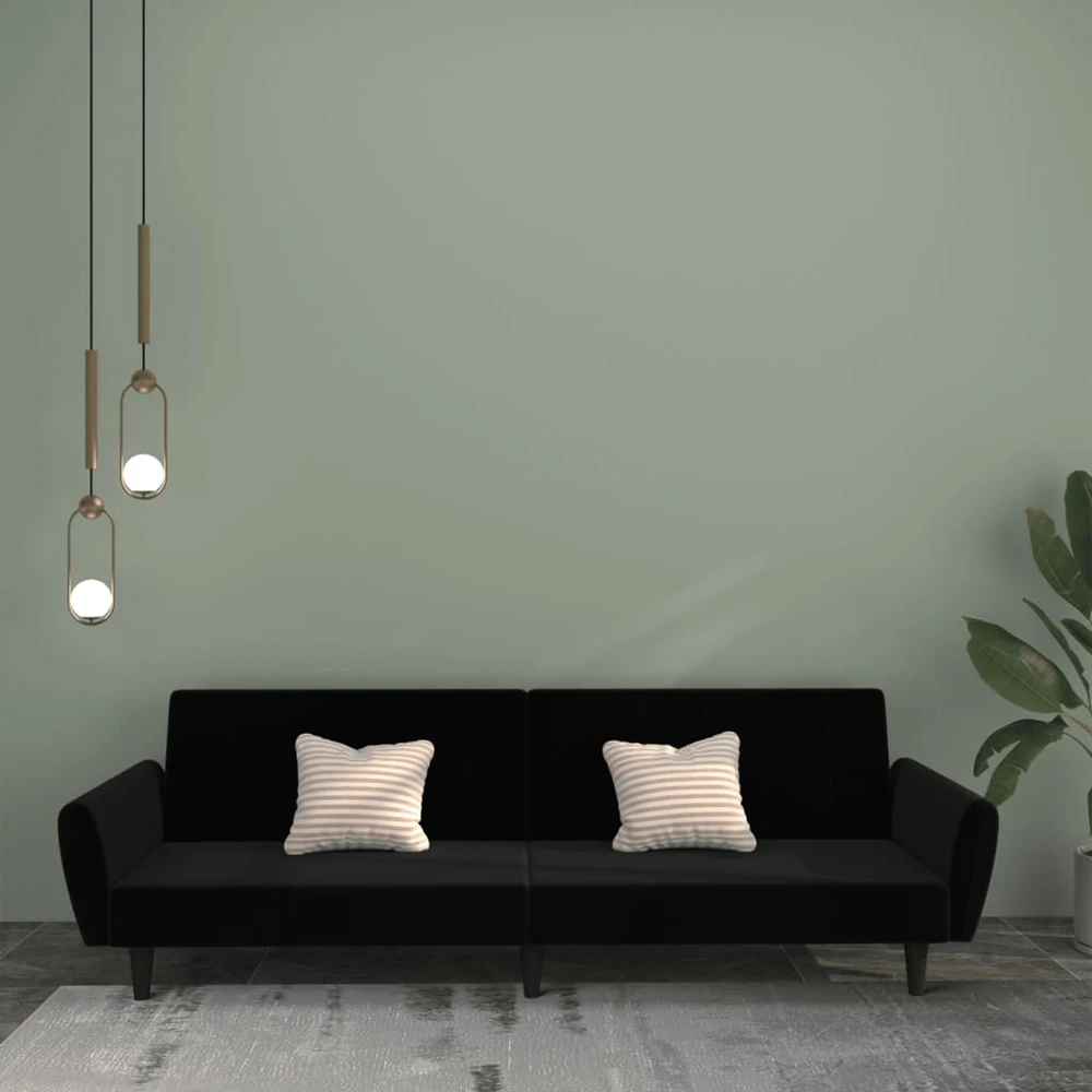 Dvivietė sofa-lova, juodos spalvos, aksomas