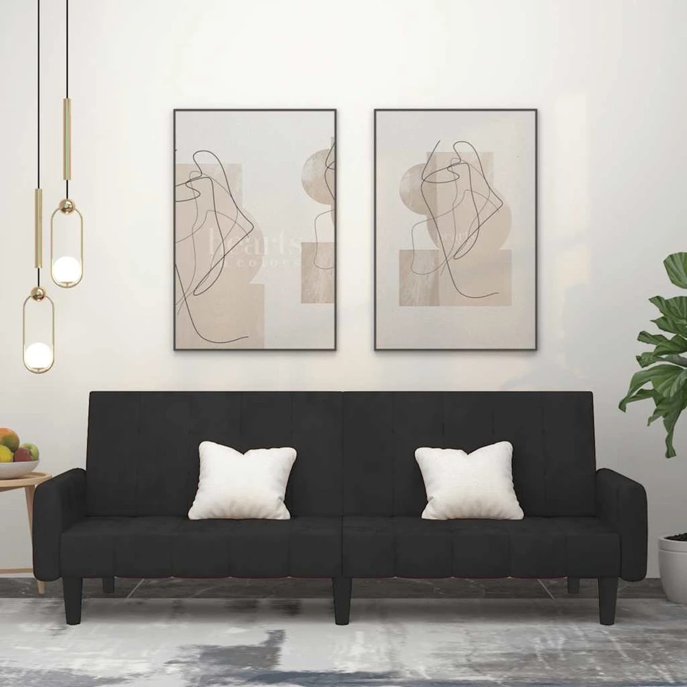 Dvivietė sofa-lova, juodos spalvos, aksomas