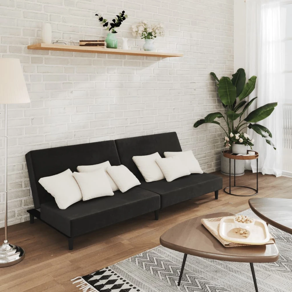 Dvivietė sofa-lova, juodos spalvos, aksomas