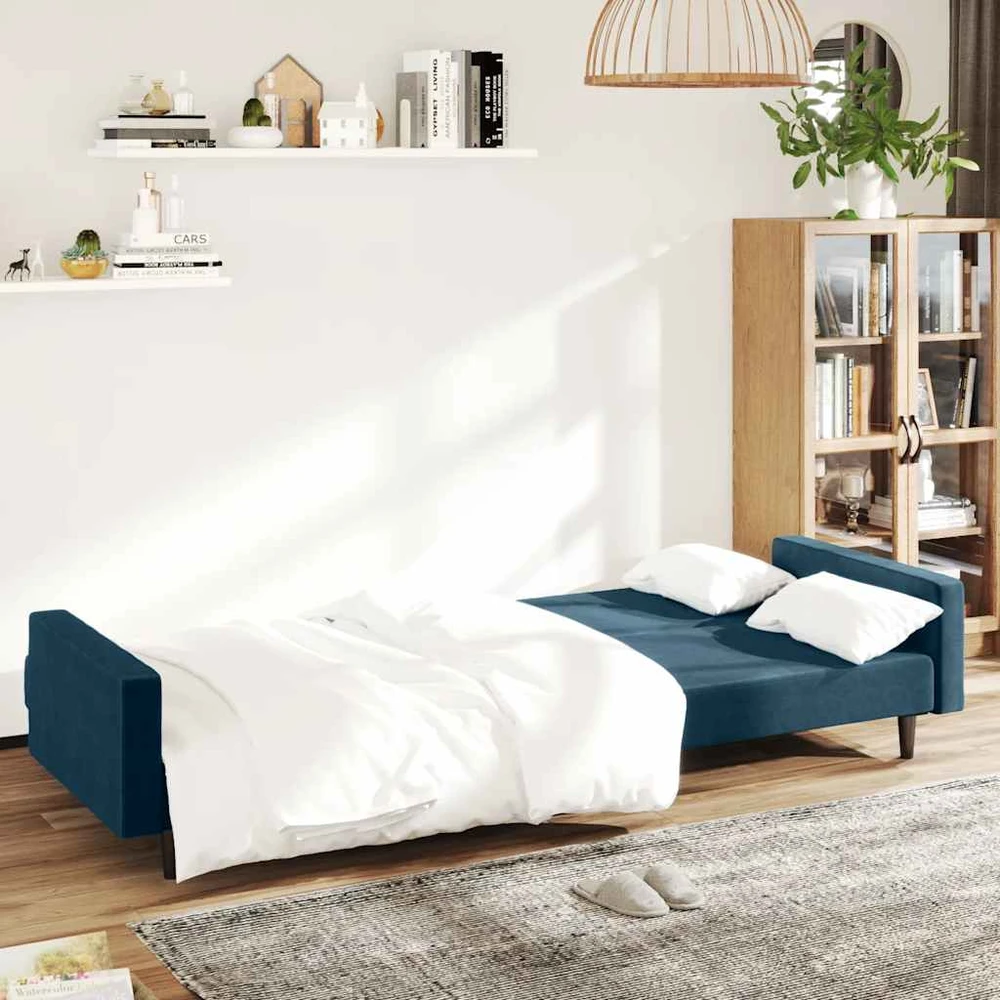 Dvivietė sofa-lova, mėlynos spalvos, aksomas