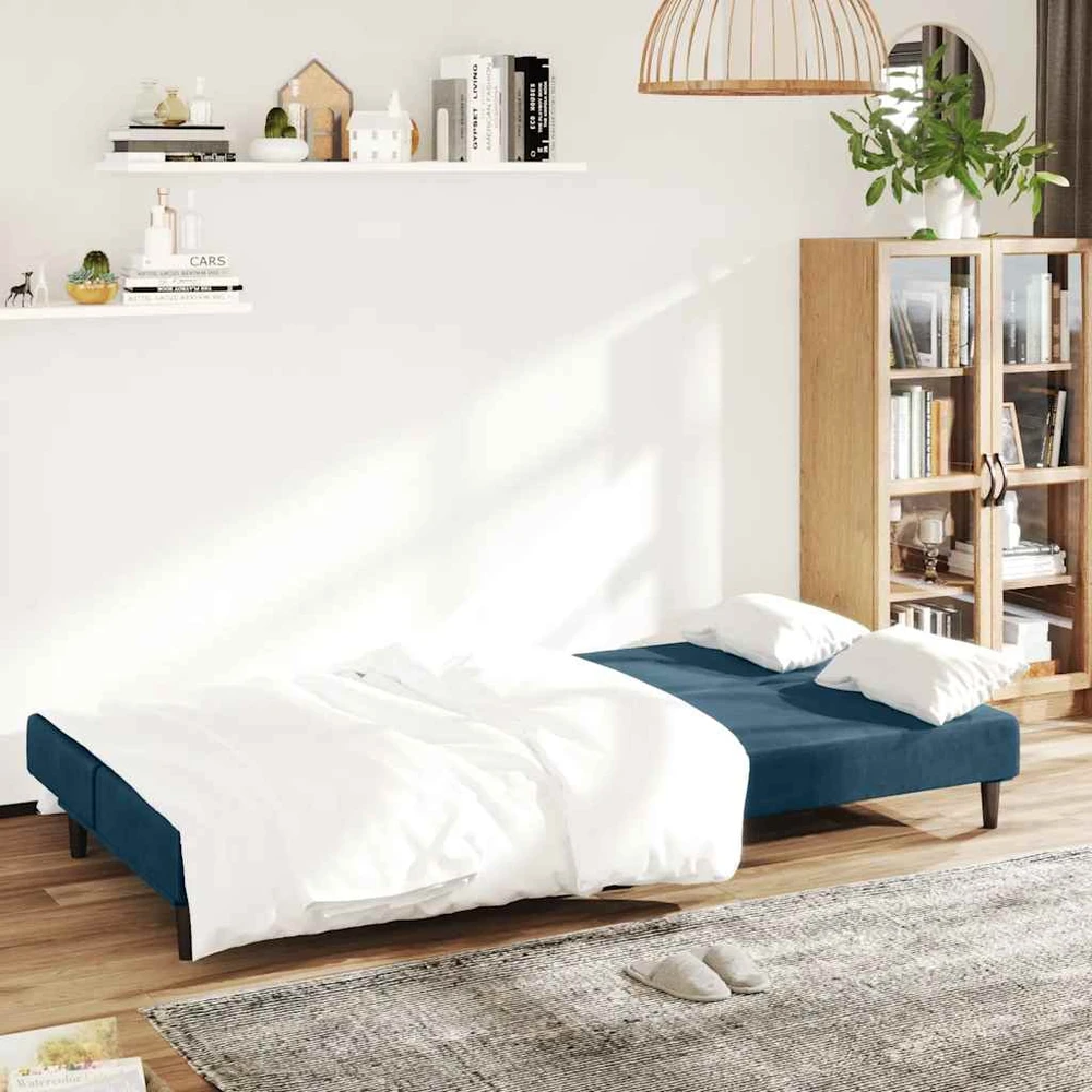 Dvivietė sofa-lova, mėlynos spalvos, aksomas