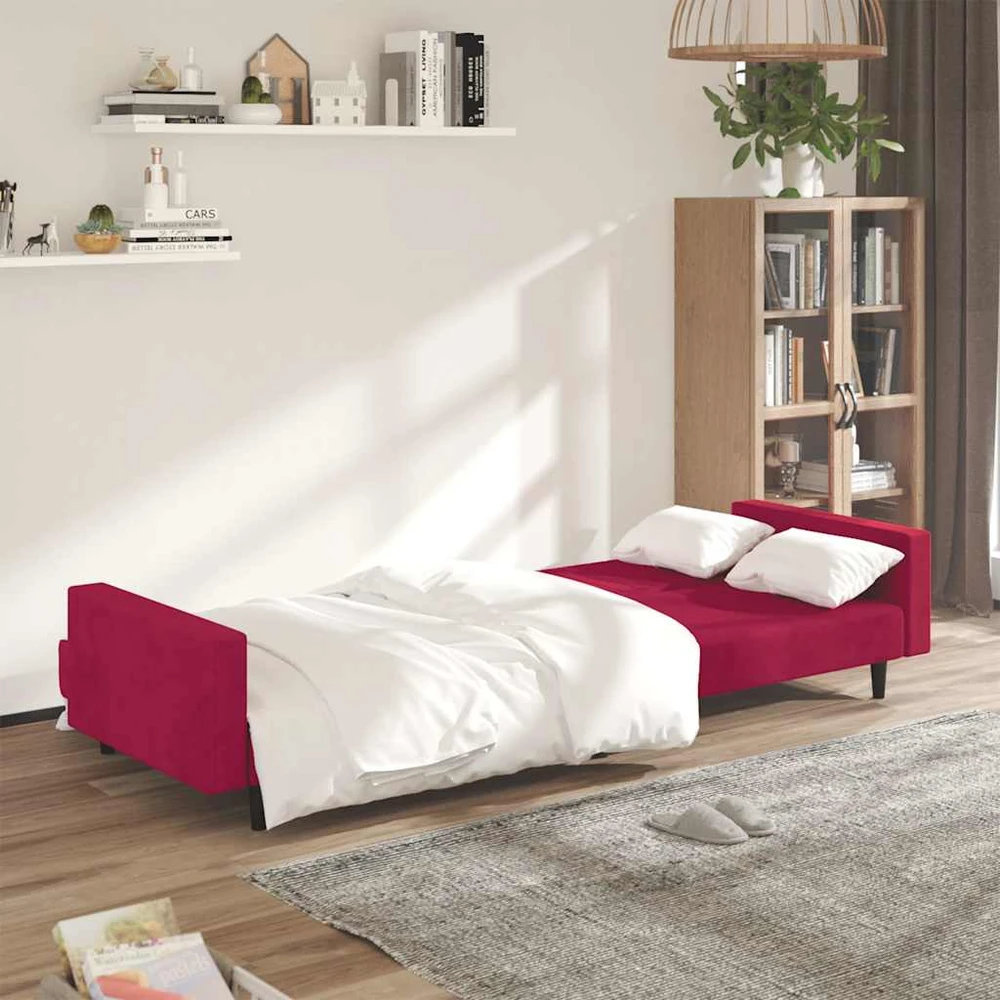 Dvivietė sofa-lova, raudonojo vyno spalvos, aksomas