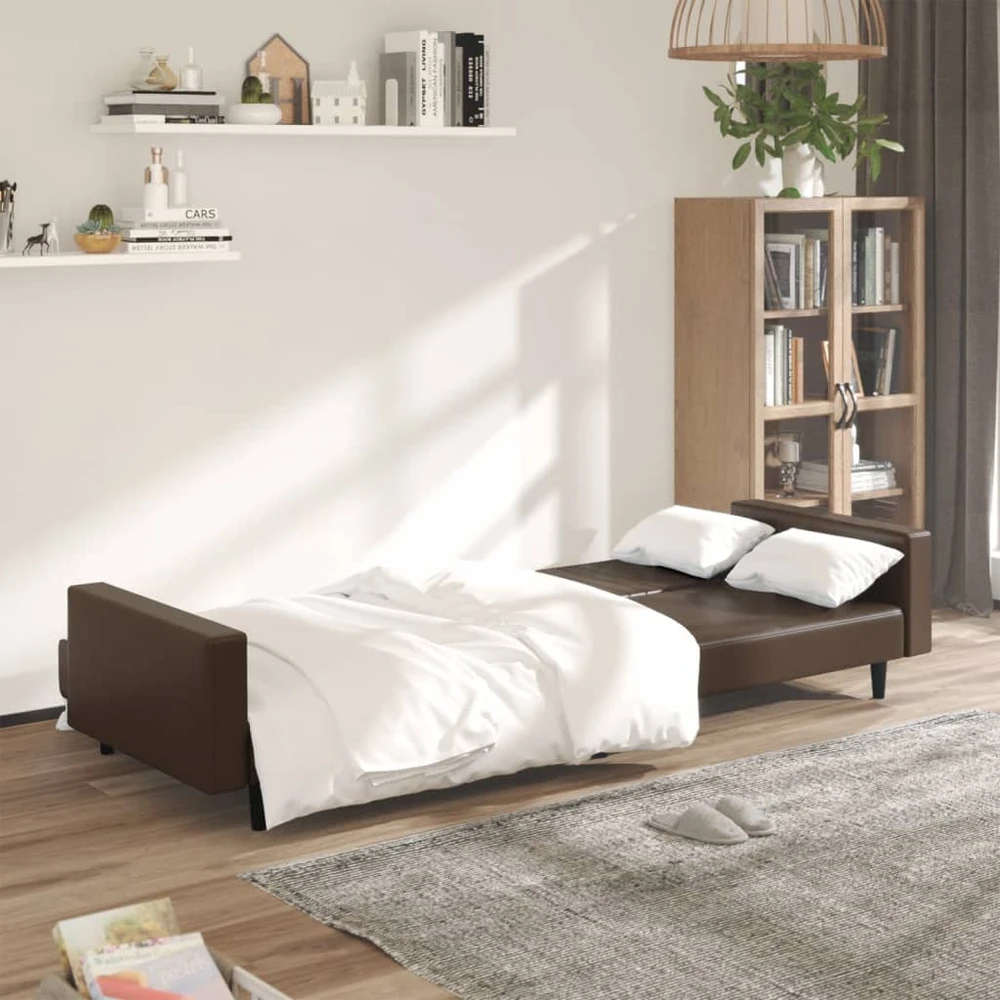 Dvivietė sofa-lova, rudos spalvos, dirbtinė oda