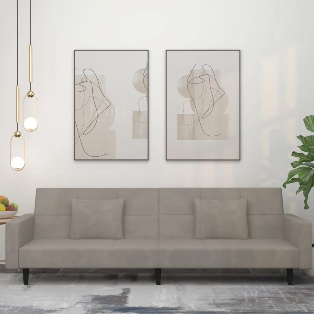 Dvivietė sofa-lova su dvejomis pagalvėmis, pilka, aksomas