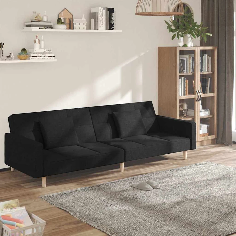 Dvivietė sofa-lova su dvejomis pagalvėmis, juoda, audinys