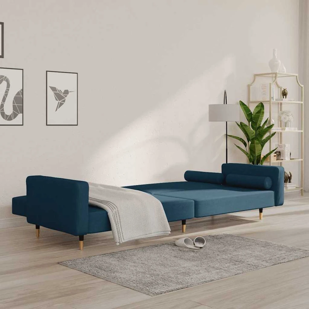 Dvivietė sofa-lova su dvejomis pagalvėmis, mėlyna, aksomas